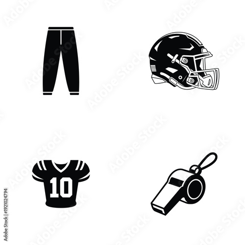 American football equipment icon set, helmet, jersey, pants and whistle for team & coaching