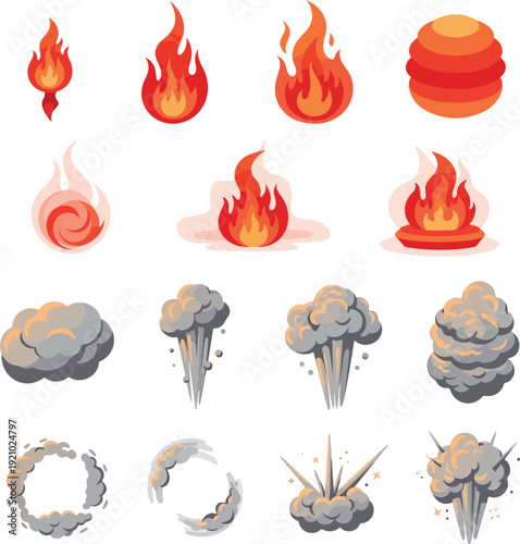 Cartoon Fire and Smoke Explosion Vector Set for Game FX and Disaster Prevention Design