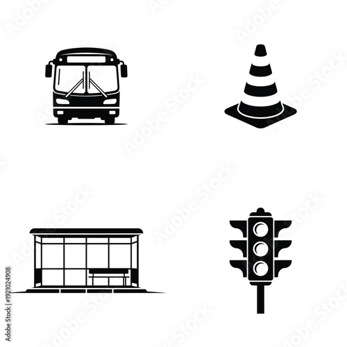 Black silhouette vector bus and traffic icons set isolated on white for transportation design