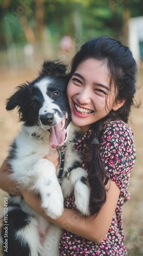 A woman poses for a photo with her adorable little Bernese Mountain Dog puppy, a fluffy black and white puppy.