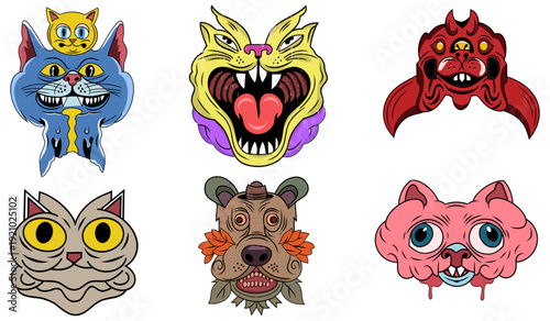Creepy Cartoon Animal Faces Collection, Psychedelic Monster Cat Dog Illustrations, Horror Surreal Character Set, Dark Art Sticker Pack, Halloween Gothic Design