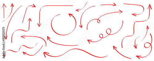 Hand drawn doodle red arrow icon set . Doodles set with curvy directional symbols pointer icons. Arrows are created with a  featuring curvy lines and playful shapes. Vector illustration. 