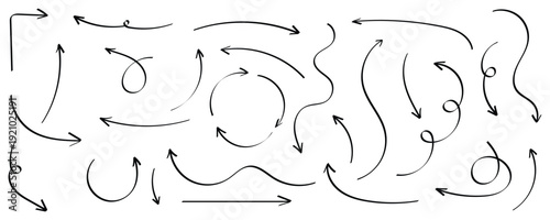 Creative black doodle arrow set.  Set of brush stroke of curly arrow collection. Sketch curved arrows design. This icon set on white background. Vector illustration. 
