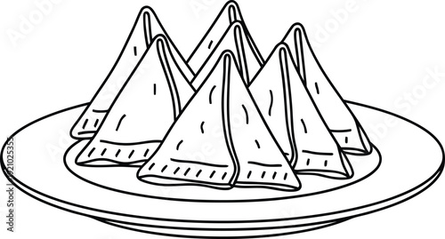 A plate of traditional Indian samosas a popular fried snack depicted in a minimalist black and white line art vector illustration