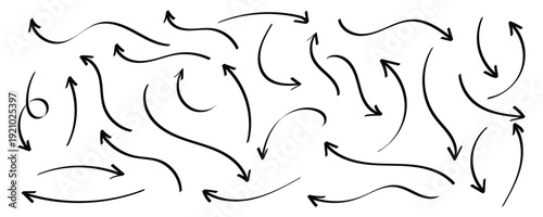 Collection of hand drawn doodle arrow set. Set of brush stroke of curly black doodle arrow collection. Sketch curved arrows design. Various shapes for graphic design and navigation. Eps10