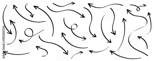 Collection of hand drawn doodle arrow set. Set of brush stroke of curly black doodle arrow collection. Sketch curved arrows design. Various shapes for graphic design and navigation. Eps10