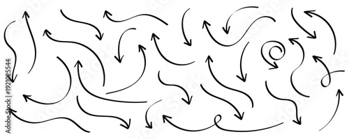 Collection of hand drawn doodle arrow set. Set of brush stroke of curly black doodle arrow collection. Sketch curved arrows design. Various shapes for graphic design and navigation. Eps10