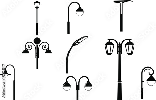 Various street lamp silhouettes modern and vintage urban lighting poles decorative lantern fixtures isolated on white background for city infrastructure design