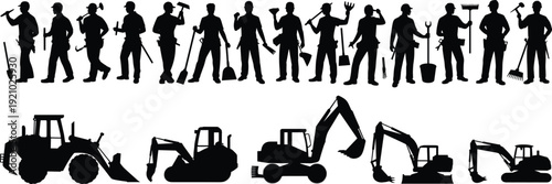 Construction worker silhouettes and heavy equipment machines collection, builder team with excavator tractor loader, industrial illustration concept