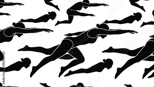 Swimmer silhouettes illustration, diving streamlined pose motion athletic character design, vector artwork, sports and education theme, isolated background