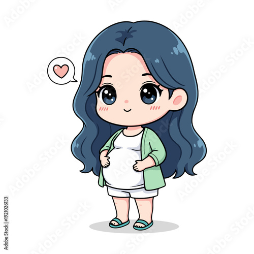 Cute Pregnant Woman Chibi Style Illustration with Heart Bubble