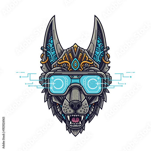 Abstract Cyber Wolf Head with VR Goggles and Futuristic Ornate Details, Metaverse & Gaming Concept