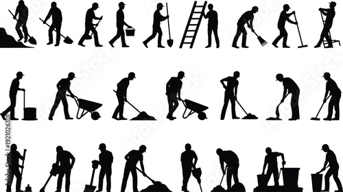 Construction worker silhouettes collection, laborers using tools and equipment, builders at work isolated black vector set