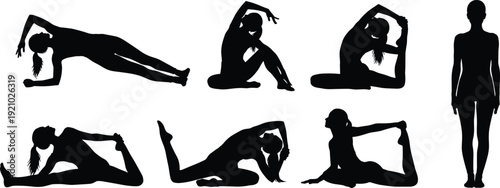 Black silhouettes of women practicing various yoga poses, stretching, and fitness exercises, collection of female figures for wellness and health.