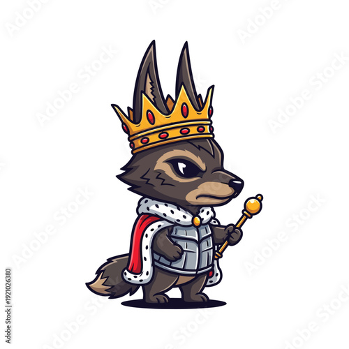 Majestic Wolf King Character in Regal Armor and Crown with Scepter - Cartoon Vector Mascot