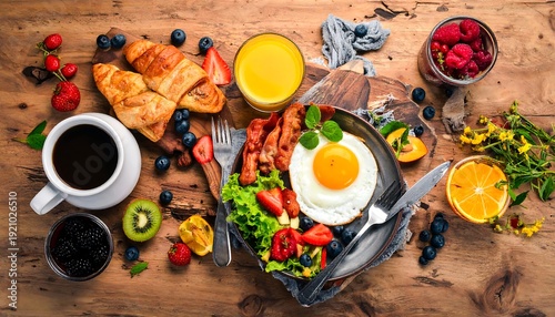 Aerial view of breakfast foods croissants, berries, eggs, bacon, juice, and coffee on a wooden surface