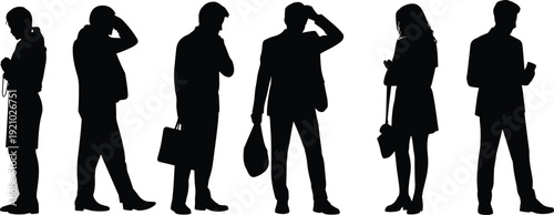 Business people silhouettes standing with phone bag thinking poses, corporate team collection, professional lifestyle people illustration concept