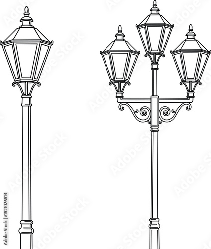Vintage street lamp post set with classic lantern design isolated on white background, decorative urban lighting element vector illustration collection