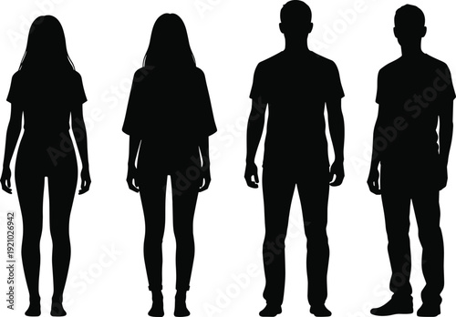 Full length silhouettes of young men and women standing in casual clothing, group of four diverse people isolated on white.