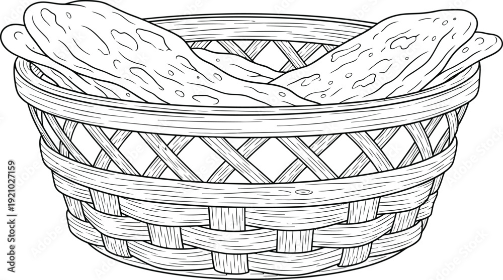 Obraz premium Hand-drawn line art illustration of a rustic woven basket filled with fresh breadsticks perfect for bakery menus restaurant branding or food-related designs