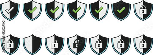 Cybersecurity shield icon set featuring green checkmarks and padlocks in flat black and white styles for data protection safety and internet security