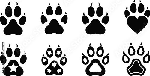 Animal paw print icon set with dog and cat footprints silhouette collection for pet care branding wildlife tracking and logo design