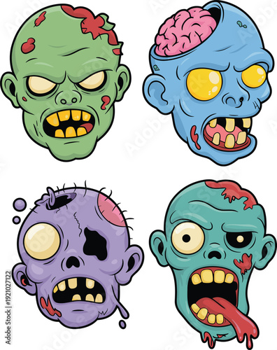 Cartoon zombie heads collection, scary undead monster faces with exposed brain colorful horror vector illustration set