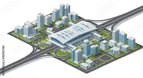 Isometric 3D rendering of a smart city with skyscrapers, roads, and highways in a low poly style, showcasing urban environment and city infrastructure.