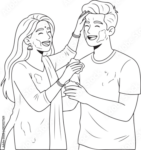 Line Art Illustration of a Young Indian Couple Celebrating Holi Festival, Applying Powder Colors on Faces, Traditional Cultural Dhuleti Celebration, Coloring Page Vector Sketch