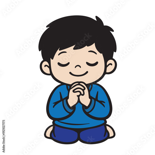 A minimalist vector artwork showing a young boy kneeling while praying, capturing a peaceful, humble, and heartfelt moment of devotion.