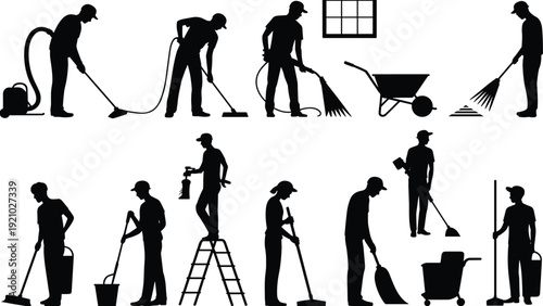 Construction worker silhouettes set, professional builders with tools isolated black vector illustration collection on white background