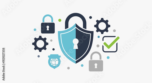 Cybersecurity shield with lock and settings icons.