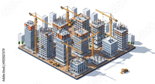 Isometric 3D rendering of a cityscape with skyscrapers, residential buildings, and construction cranes on a white background, showcasing urban environment with roads and a small vehicle.