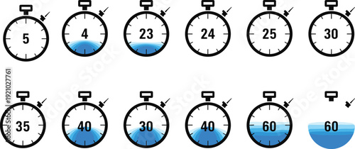 Stopwatch and Countdown Timer Icon Set with Blue Liquid Loading Progress for Sports Fitness Productivity Apps Management Interface Measurement and Time Tracking Graphic Elements