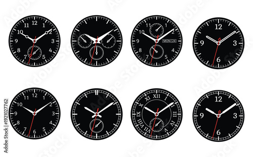 Set of watch faces. Circle clock face with vintage Roman numerals.