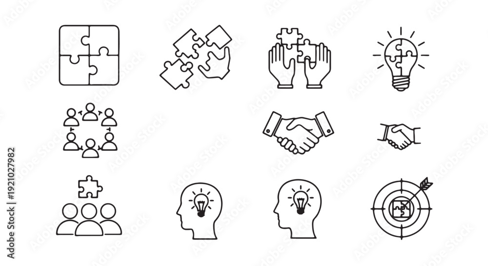 Fototapeta premium Teamwork and collaboration outline icon collection. Includes puzzle pieces, handshake, group of people, lightbulb in head, and target symbols. Created in thin line style with black and white