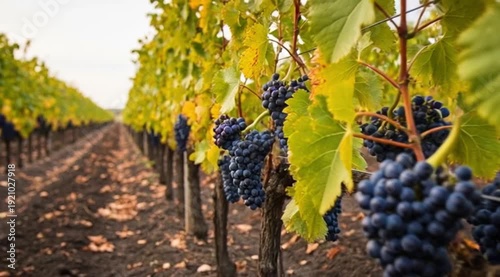 Image is a vibrant, high-resolution photograph depicting a vineyard scene. The layout features rows of grapevines extending into the distance, creating a sense of depth and perspective. The focus is o