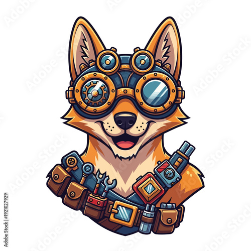 Smiling Steampunk Fox Mascot with Goggles and Gear Belt Illustration