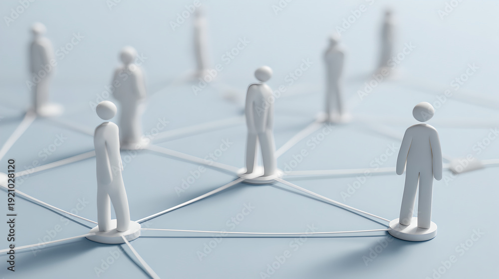 Obraz premium Group Of Simple Human Figures Connected By Lines On A Dark Surface 