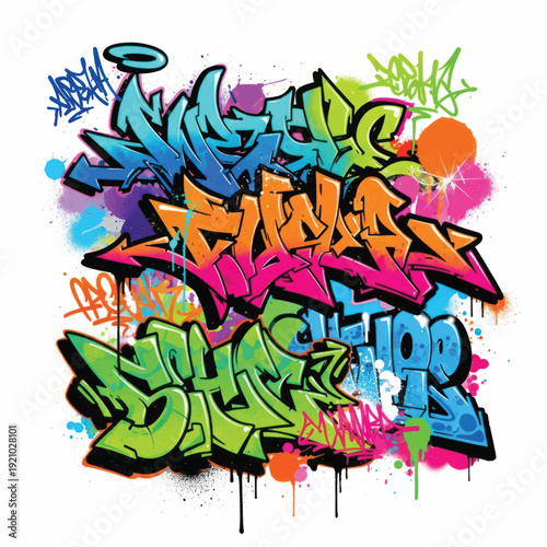 Colorful Graffiti Alphabet Wildstyle Lettering on White Wall.