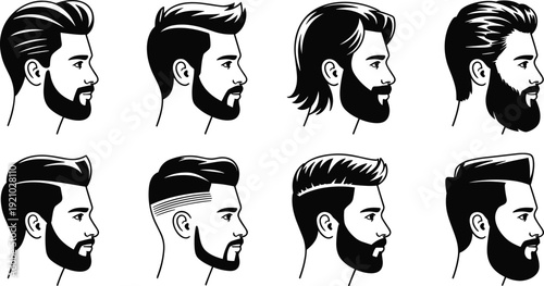 Black vector collection of eight male head profiles featuring modern hairstyles and beards for barber shop branding and grooming design