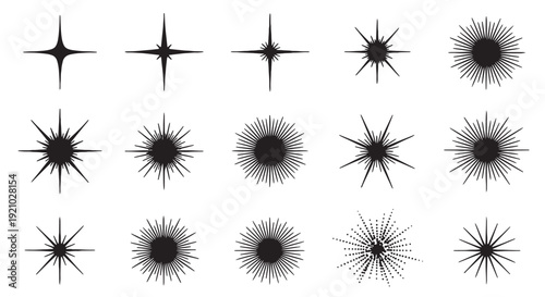 Sparkle and starburst vector icon collection. Includes various shapes of light rays, twinkle, glitter, and shine symbols. Created in minimalist flat style with black and white palette.