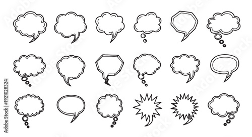 Speech and thought bubble outline icon collection. Includes various shapes like clouds, polygons, and starbursts for communication and ideas. Created in hand-drawn doodle style with a black and