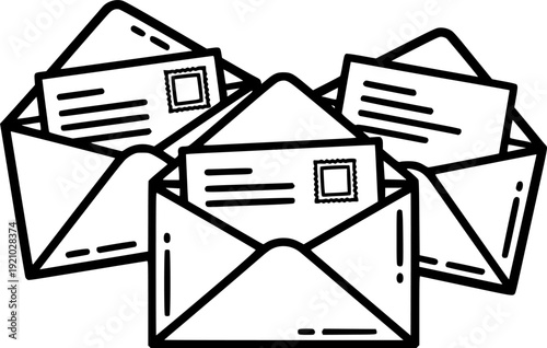 Open envelopes with letters inside black and white illustration.
