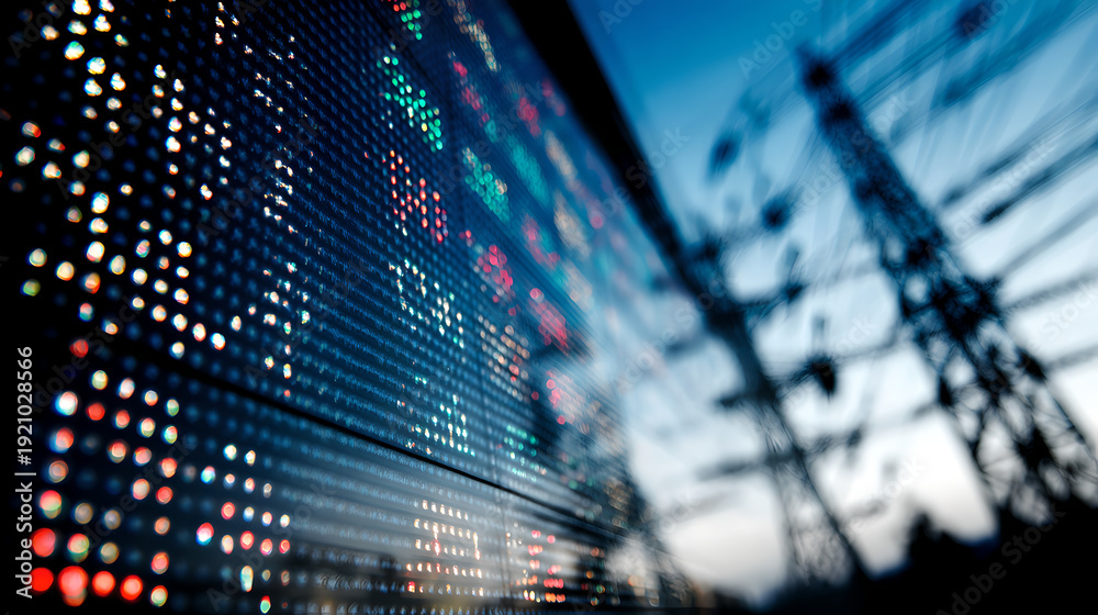 Obraz premium Blurred Digital Display Screen Showing Financial Stock Values Near High Voltage Power Grid Lines 