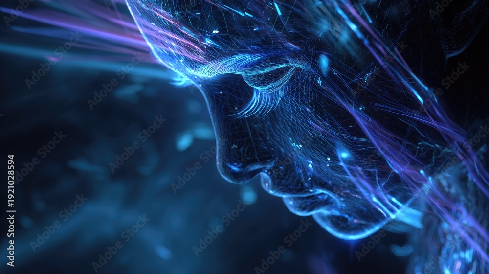 Naklejka premium Abstract digital portrait glowing lines depicting face profile and energy