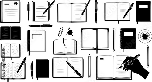 Set of black and white journal icons with pens and pencils on white background
