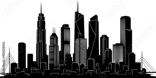 New york city skyline vector illustration black and white cityscape art eps silhouette
