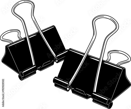 Pair of black binder clips, office supplies for organizing papers, isolated on a white background.
