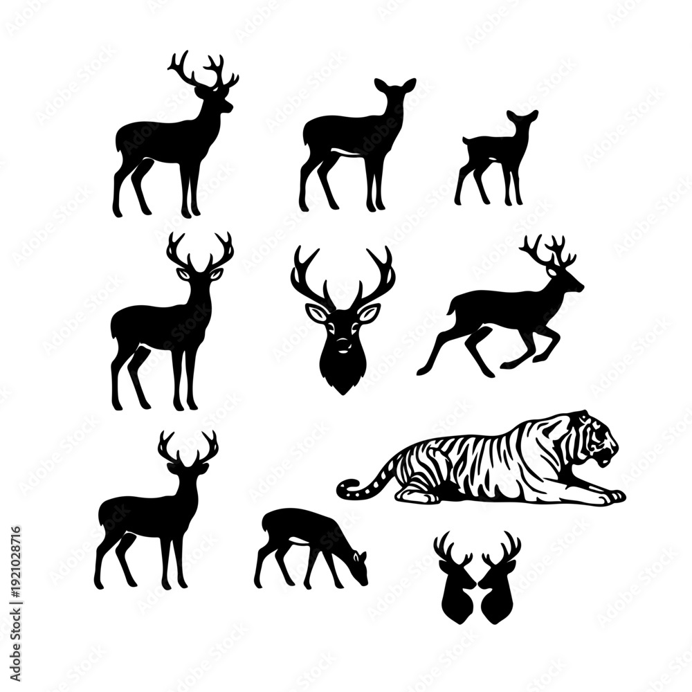 Fototapeta premium Collection of black silhouettes featuring various deer and a tiger, showcasing different poses and forms of wildlife.